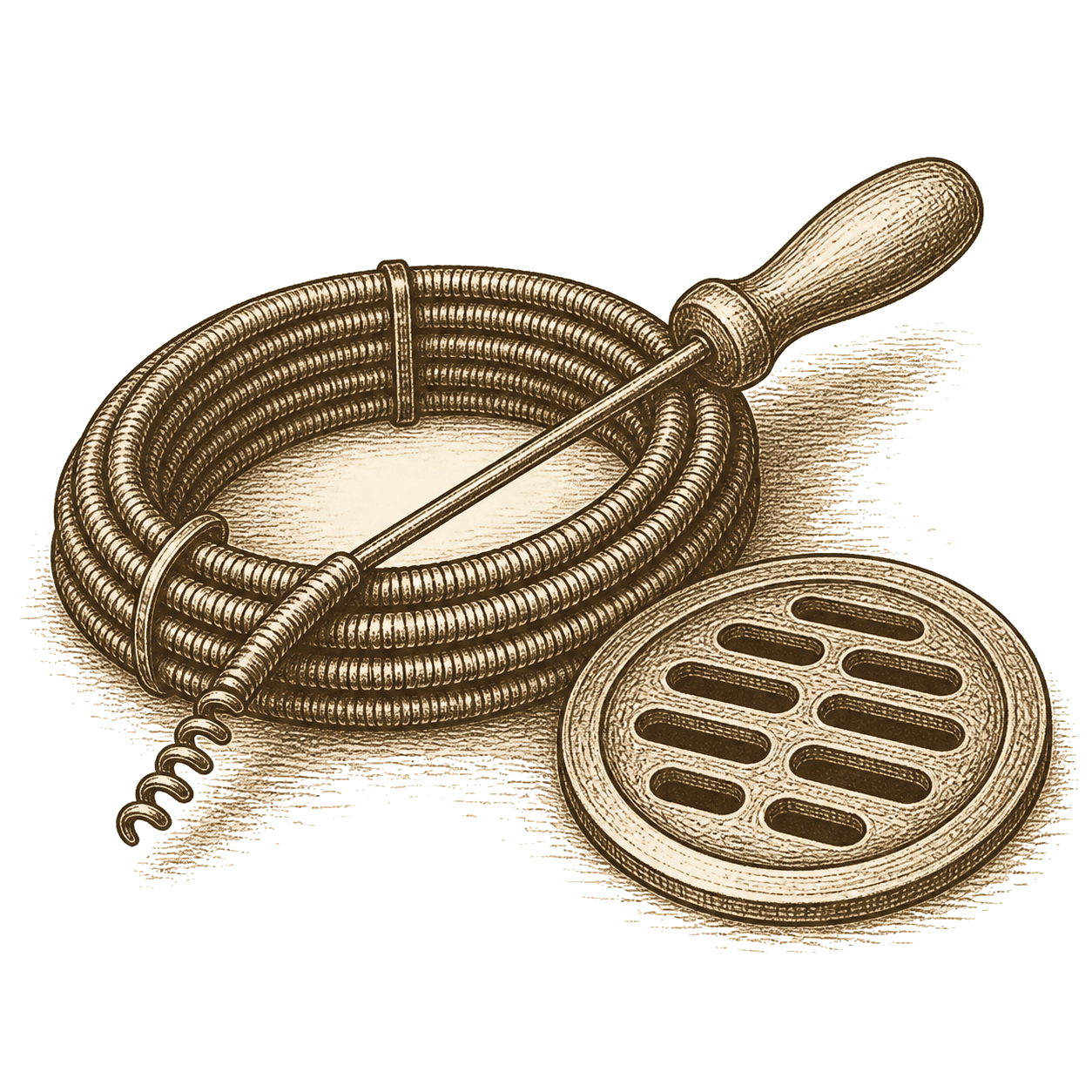 Vintage engraved illustration of a drain snake coiled beside a floor drain