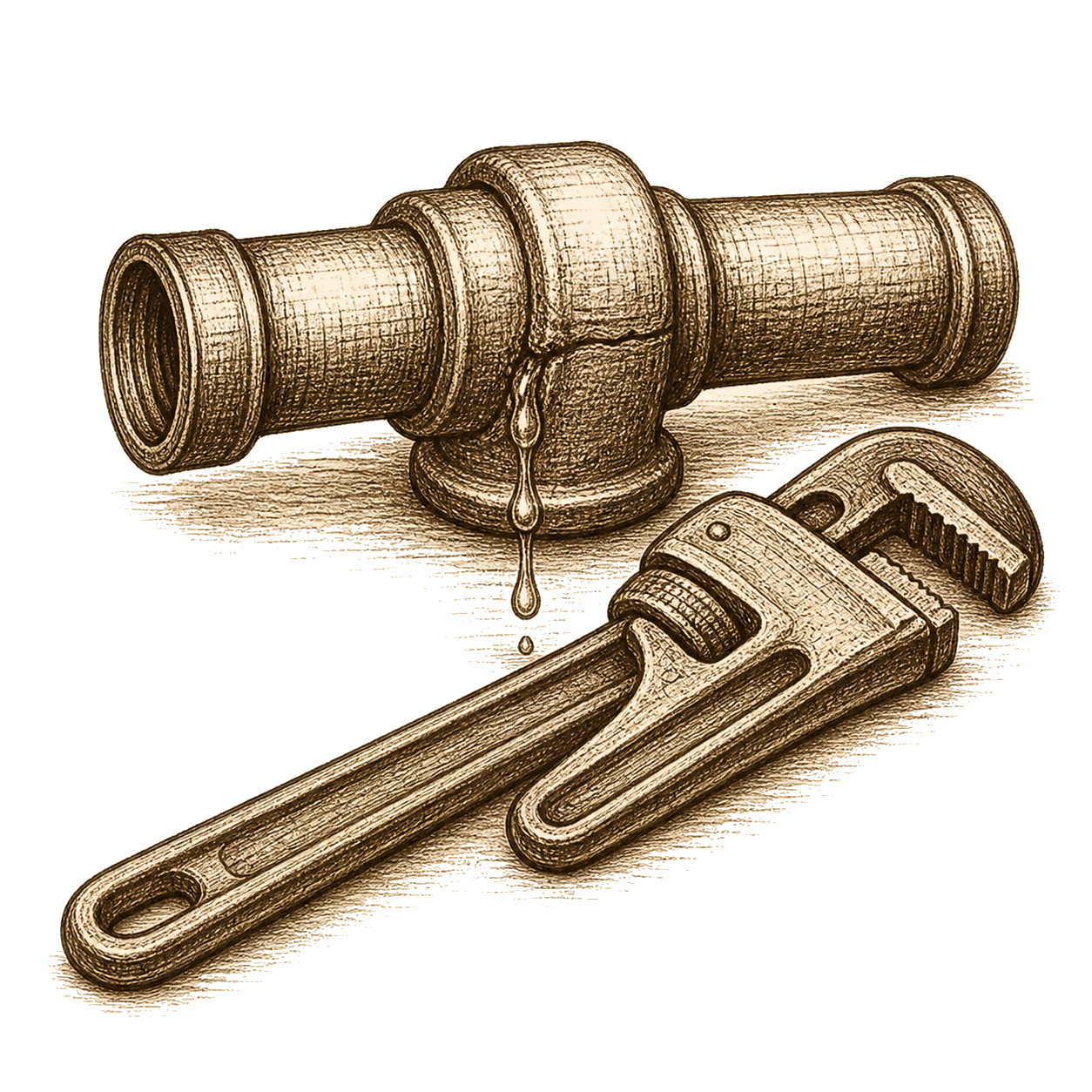 Vintage engraved illustration of a leaking pipe and a pipe wrench