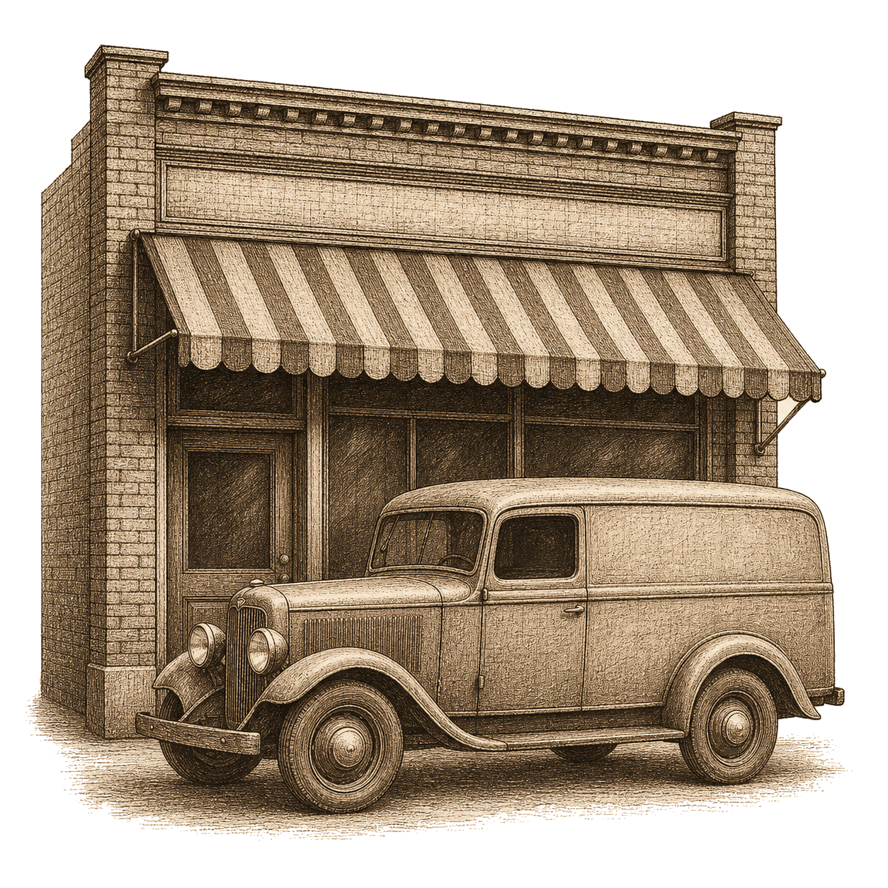 Vintage engraved illustration of a storefront with a service van parked outside
