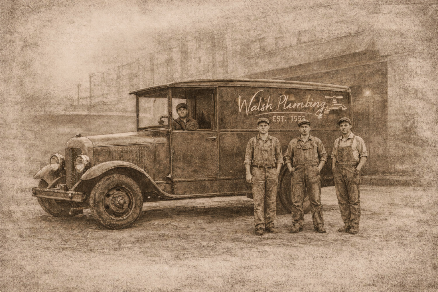 Vintage Walsh Plumbing service truck with crew