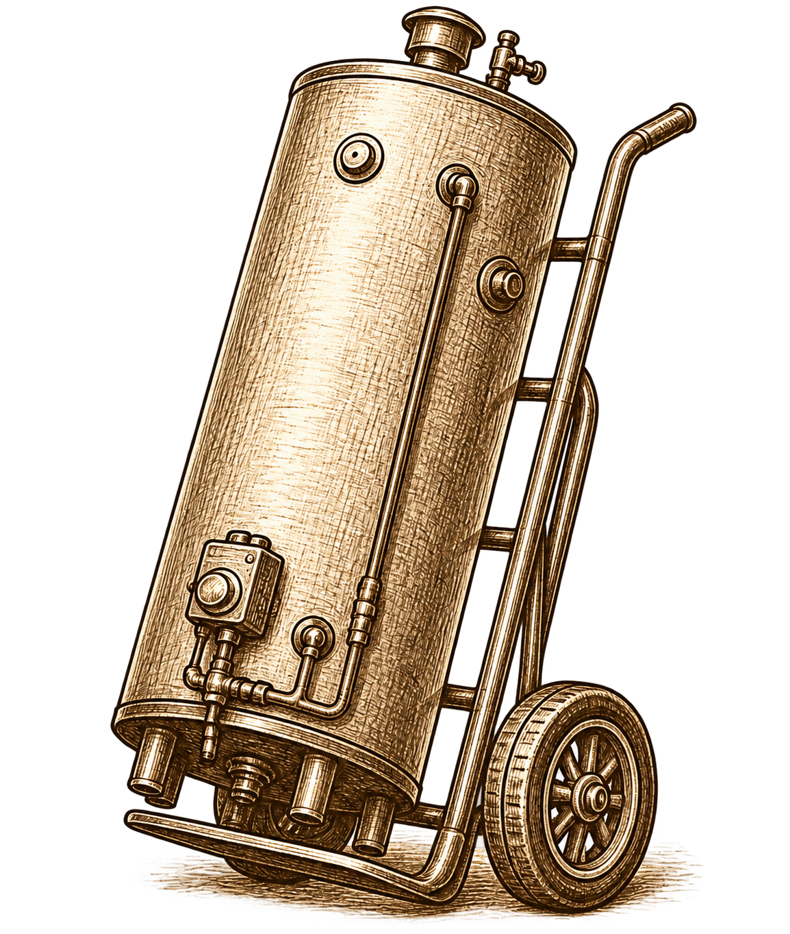 Vintage engraved illustration of a water heater being moved on a hand truck